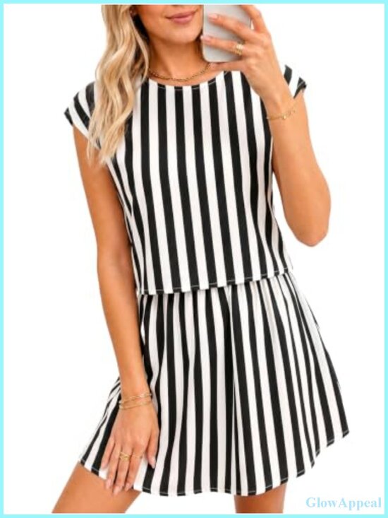 Tops - Striped 2 Piece Skirt Set Crop Top Mini Skort Lounge Set